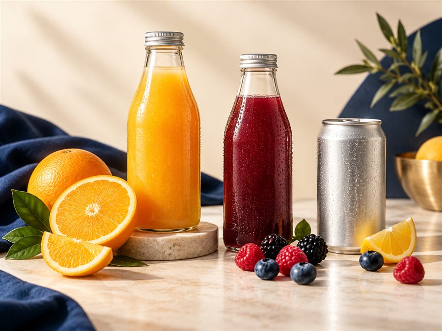 Illustrative beverage bottles with fruit and a plain silver can