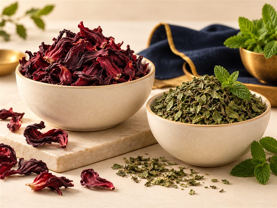 Illustrative bowls of dried hibiscus and herbs with fresh mint