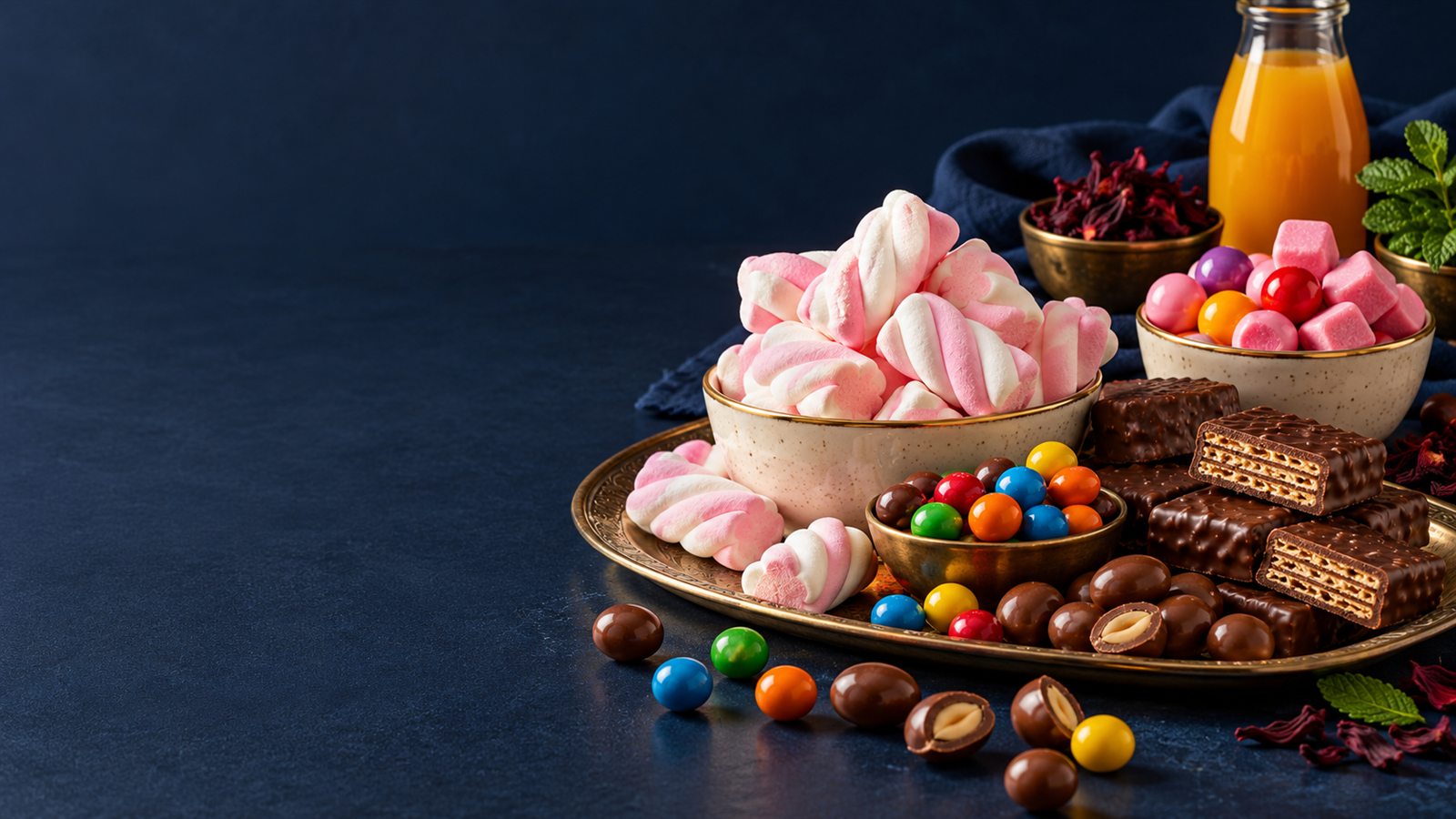 An illustrative collection of snacks, candy, beverages and herbs